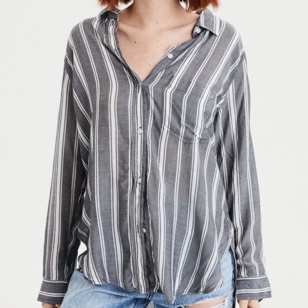 American Eagle Womens Oversized Striped Button Down Shirt‎ Grey White Small